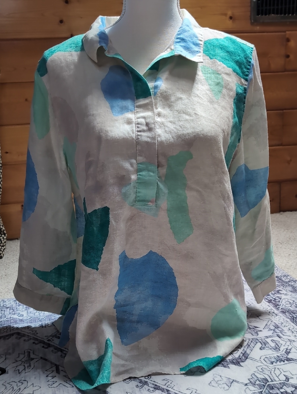 Chico's Teal and Aqua Abstract Linen Top Size 10